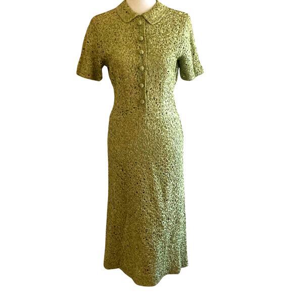 Vintage 1950s Lana Sage Green Crochet Ribbon Dress  Fitted Midi -  sanvalentin.cl